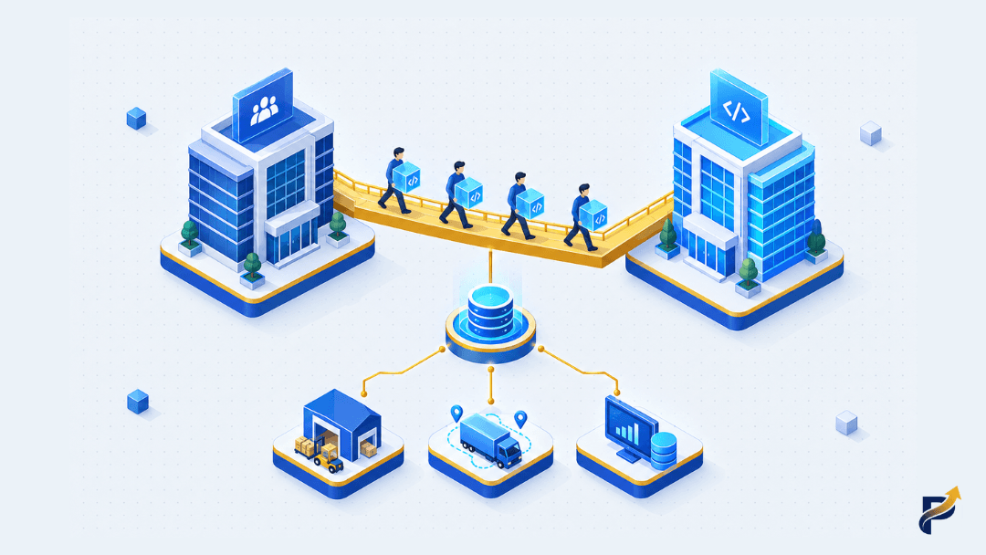 Diagram showing WMS, TMS and ERP systems connected through a central integration hub for logistics operations